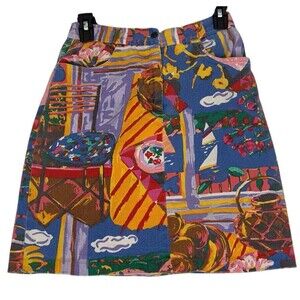 Vintage RARE 90s KEN DONE Full Print Jean Skirt Small Abstract Art